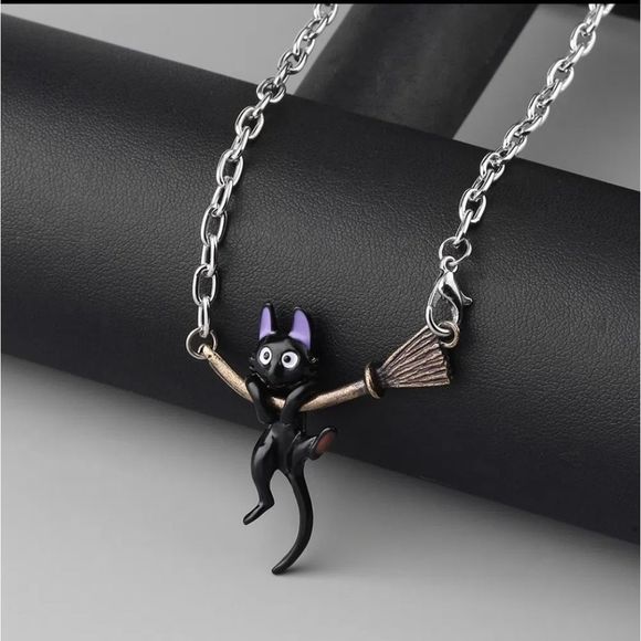 Silver & black titanium and black cat broom witchy necklace cat slides new - Picture 1 of 9